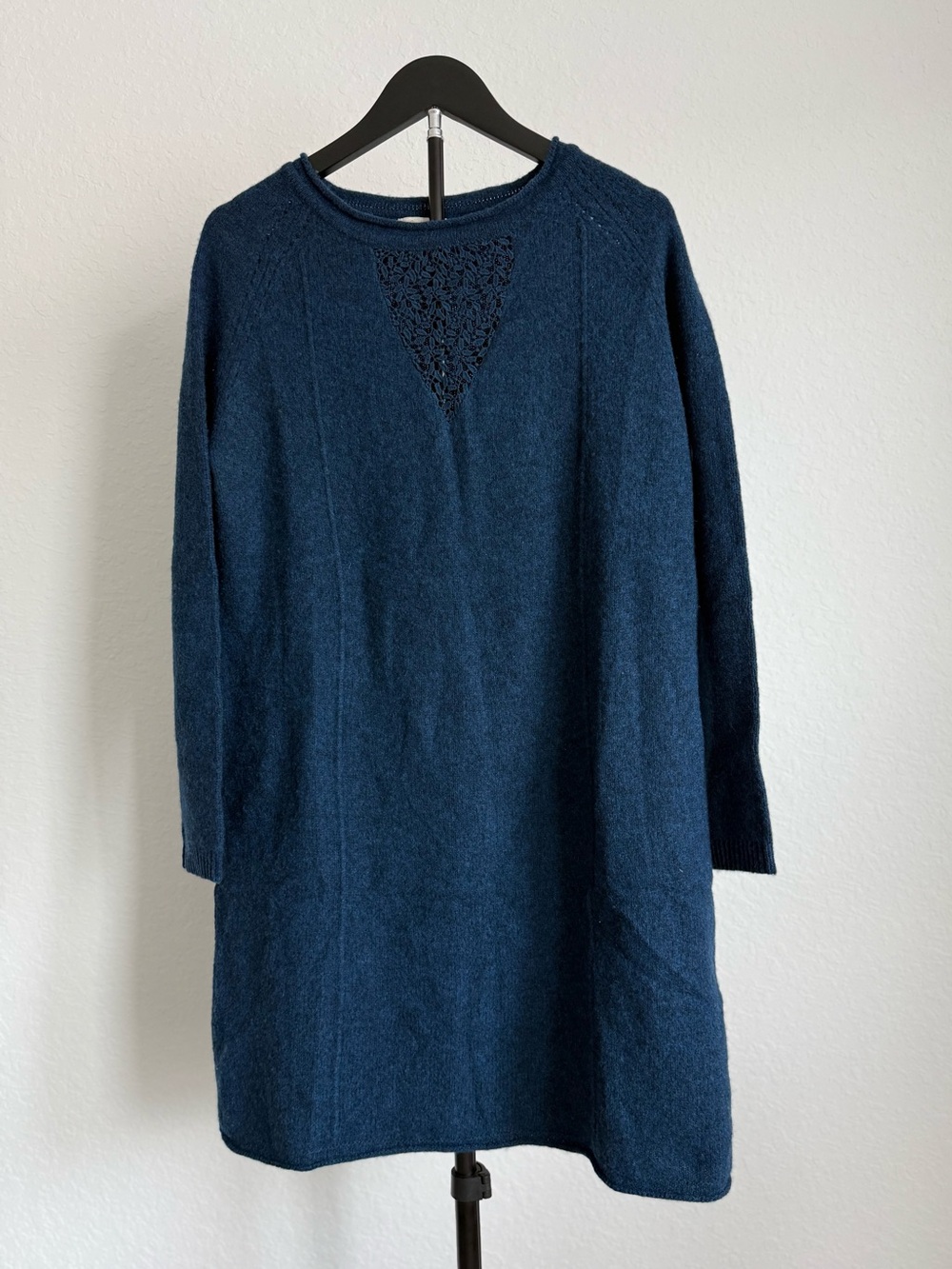 Wrap London Navy Wool-Blend Midi Dress with Crochet Detail